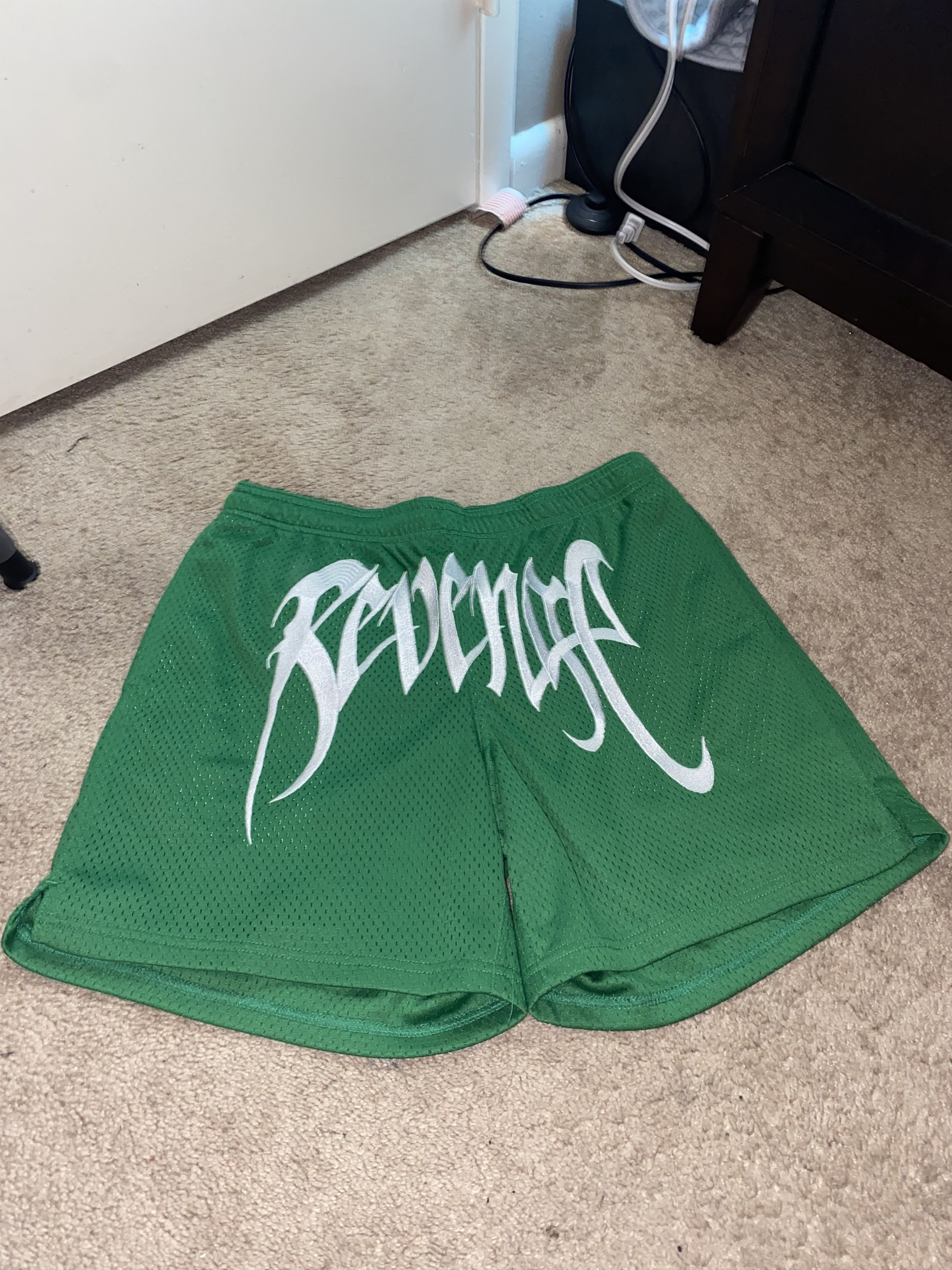 image of Revenge Embroidered Mesh Shorts in Green/White, Men's (Size 28)