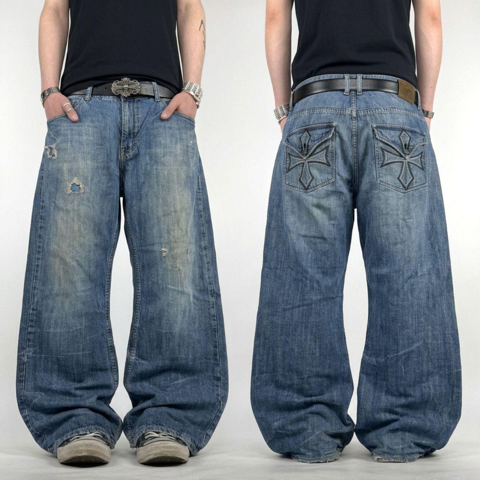 Vintage embroidered y2k baggy wide leg skater grunge jeans