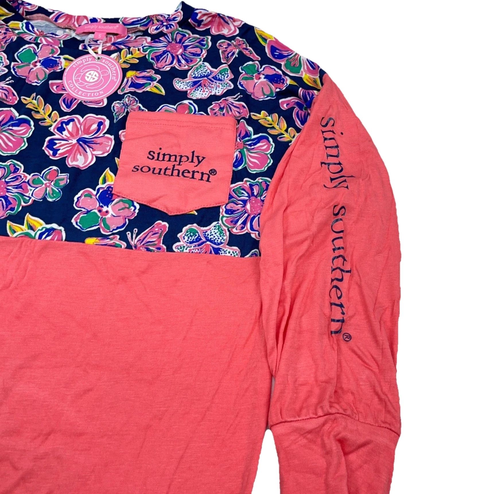 Pinko VINTAGE Simply Southern Women's T-Shirt Small Pink Blue Floral Crew Neck Long Sleeve Casual Tee Size S / US 4 / IT 40 - 4 Thumbnail