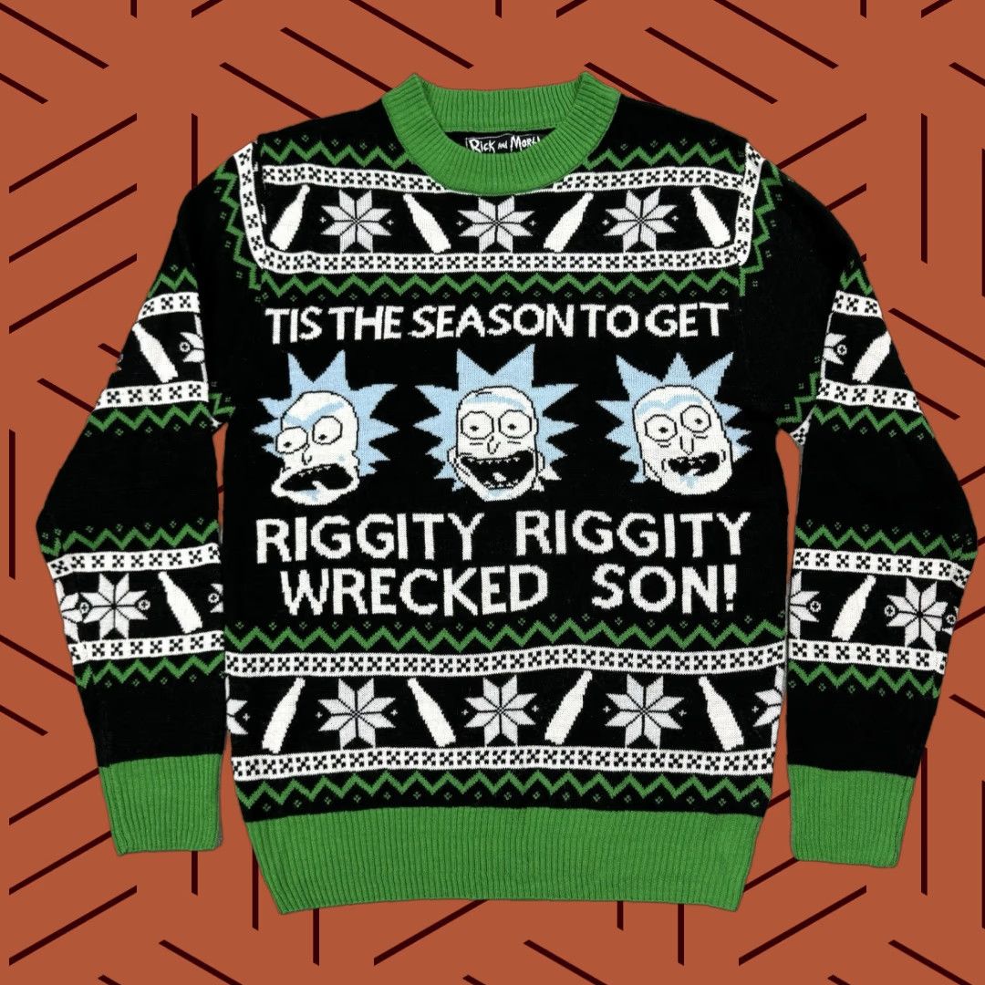 Vintage RICK AND MORTY Mens Small Ugly Christmas Sweater Riggity Wrecked Graphic Green & Black Crew Neck Knit Pullover Holiday 90s Theme Mens Size S Size US S / EU 44-46 / 1 - 1 Thumbnail