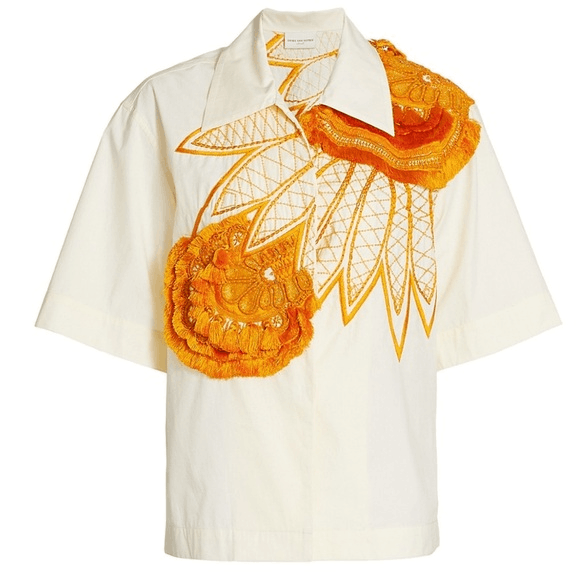 image of Dries Van Noten Tasseled Beaded Poplin Shirt White Yellow Or, Men's (Size Medium)