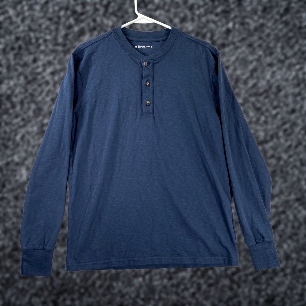American Giant T-Shirt Mens Small Blue Long Sleeve Henley Usa Made Solid Cotton Pullover, Men's