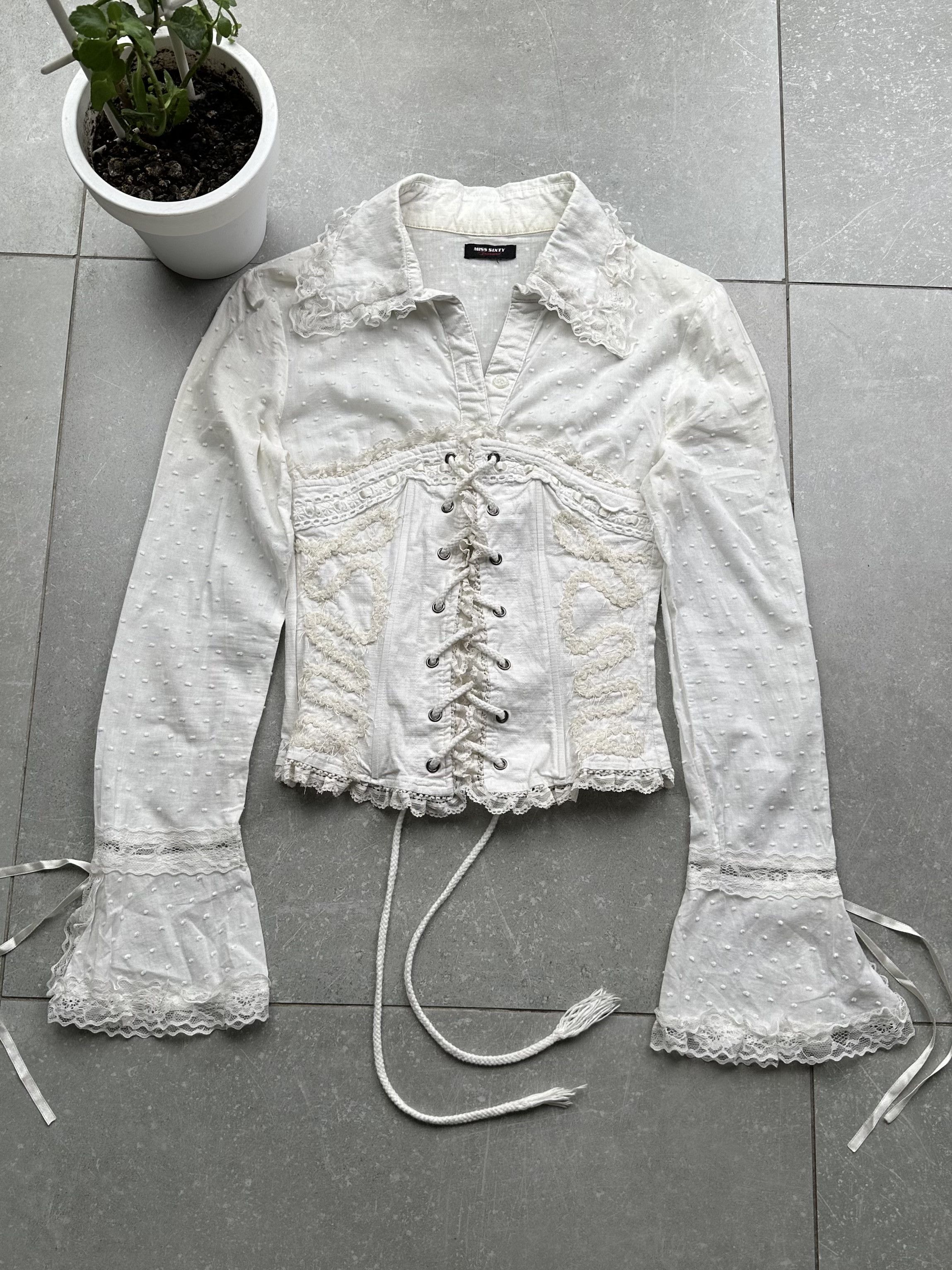 Chemisier Vintage Miss Sixty - Blanc à Fleurs - Manches Longues - Taille M (34/36) - Coton - Occasion Très Bon état