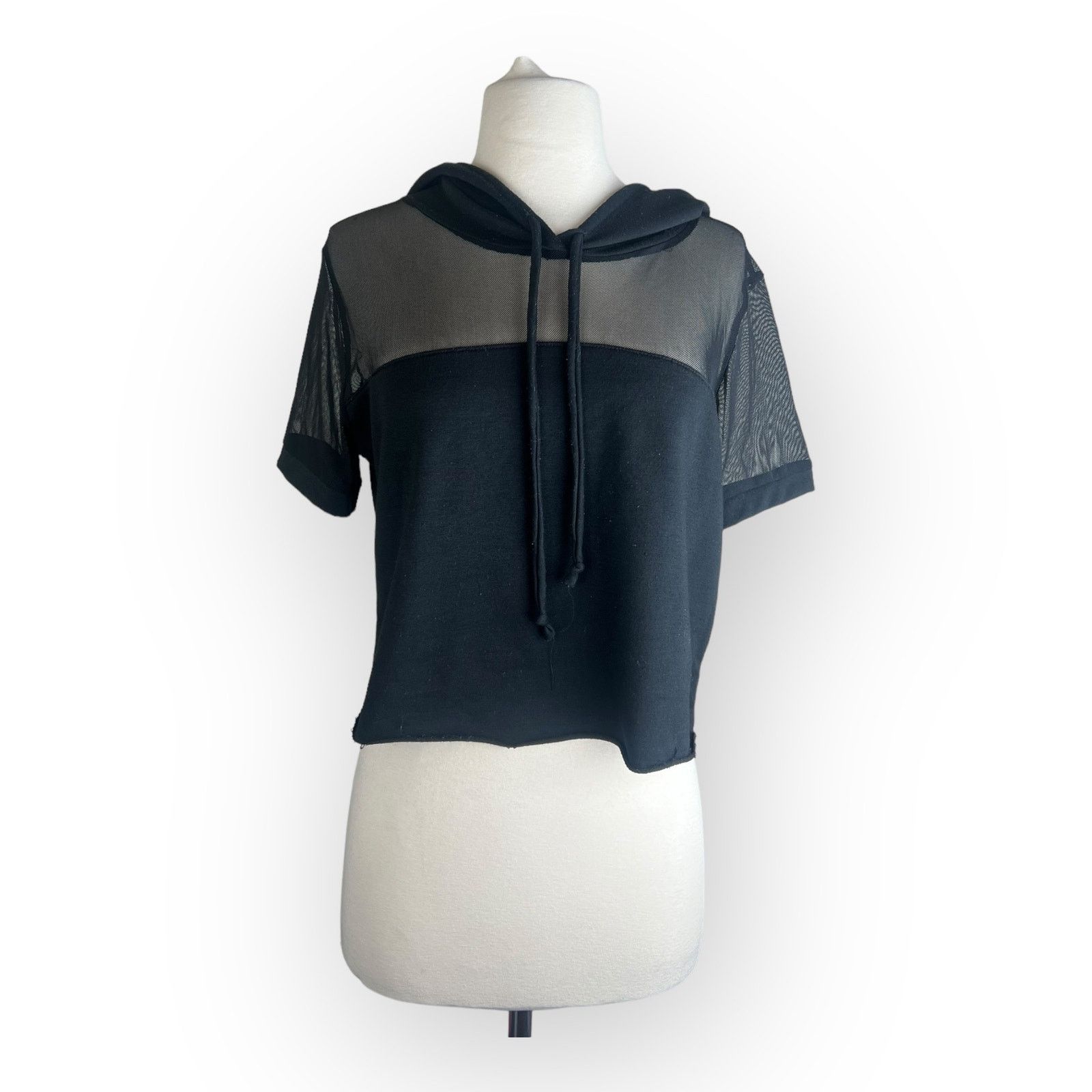 Vintage Heart Hip Black Crop Hoodie Top with Mesh Inserts - Size S / US 4 / IT 40 - 2 Thumbnail