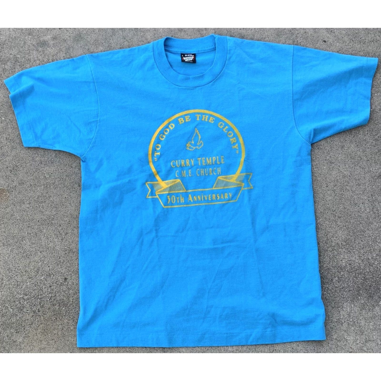 Vintage VINTAGE To God Be The Glory Curry Temple CME Church 30th Anniversary T-Shirt L Blue Mens Short Sleeve Graphic 80s 90s Bird Screen Stars Made in USA Size US L / EU 52-54 / 3 - 4 Thumbnail