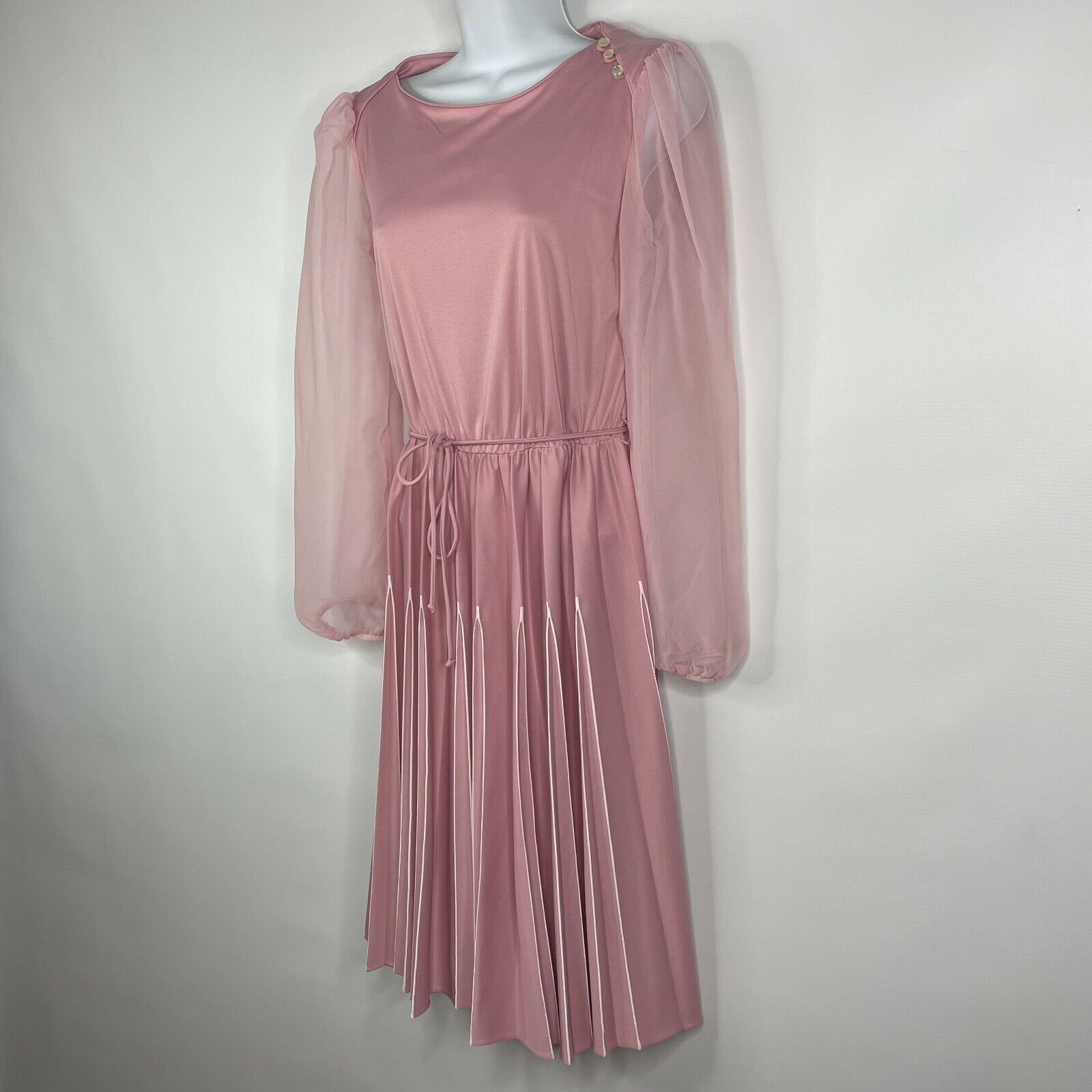 Vintage 70s Lavender Belted Contrast Stich Pleat Fit Flare Dress Size L / US 10 / IT 46 - 7 Thumbnail