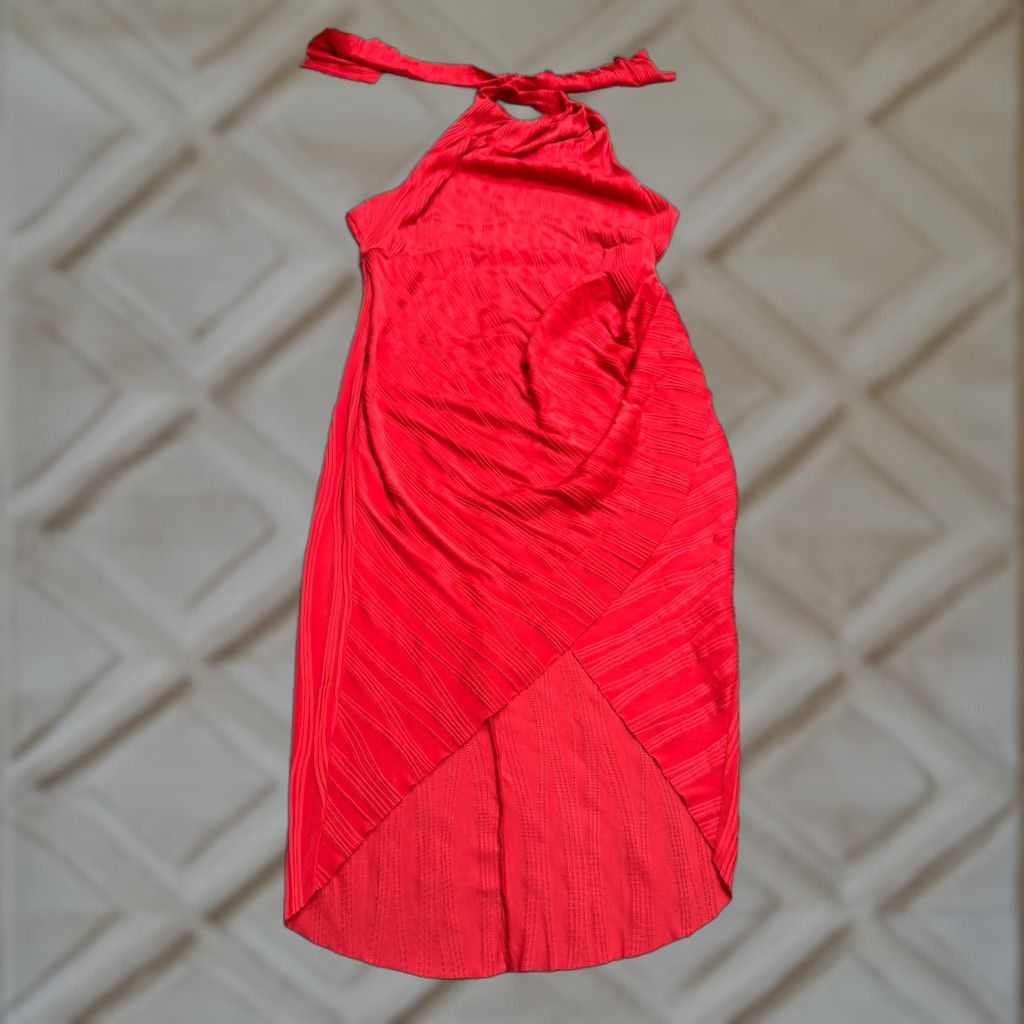 Asos ASOS Dress Women 12 Red Halter Sleeveless Backless Party Hi-Low Asymmetrical Hem Ruched Sheath Vintage No Size XL / US 12-14 / IT 48-50 - 1 Thumbnail