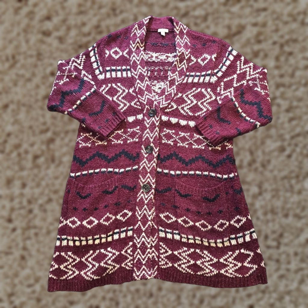 VINTAGE J Jill Cardigan Womens XL Red Burgundy Aztec Long Duster Sweater Capsule