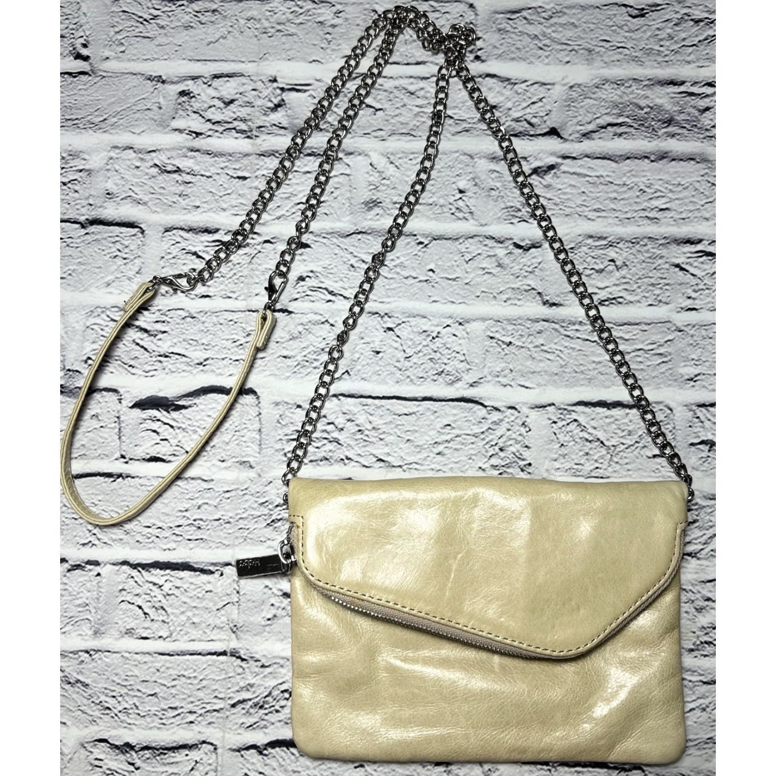 Vintage Hobo Crossbody Bag Beige Leather Folded Removable Chain Strap Clutch Small Tan Exterior Pattern: Solid Vintage No | Women Size ONE SIZE - 2 Thumbnail