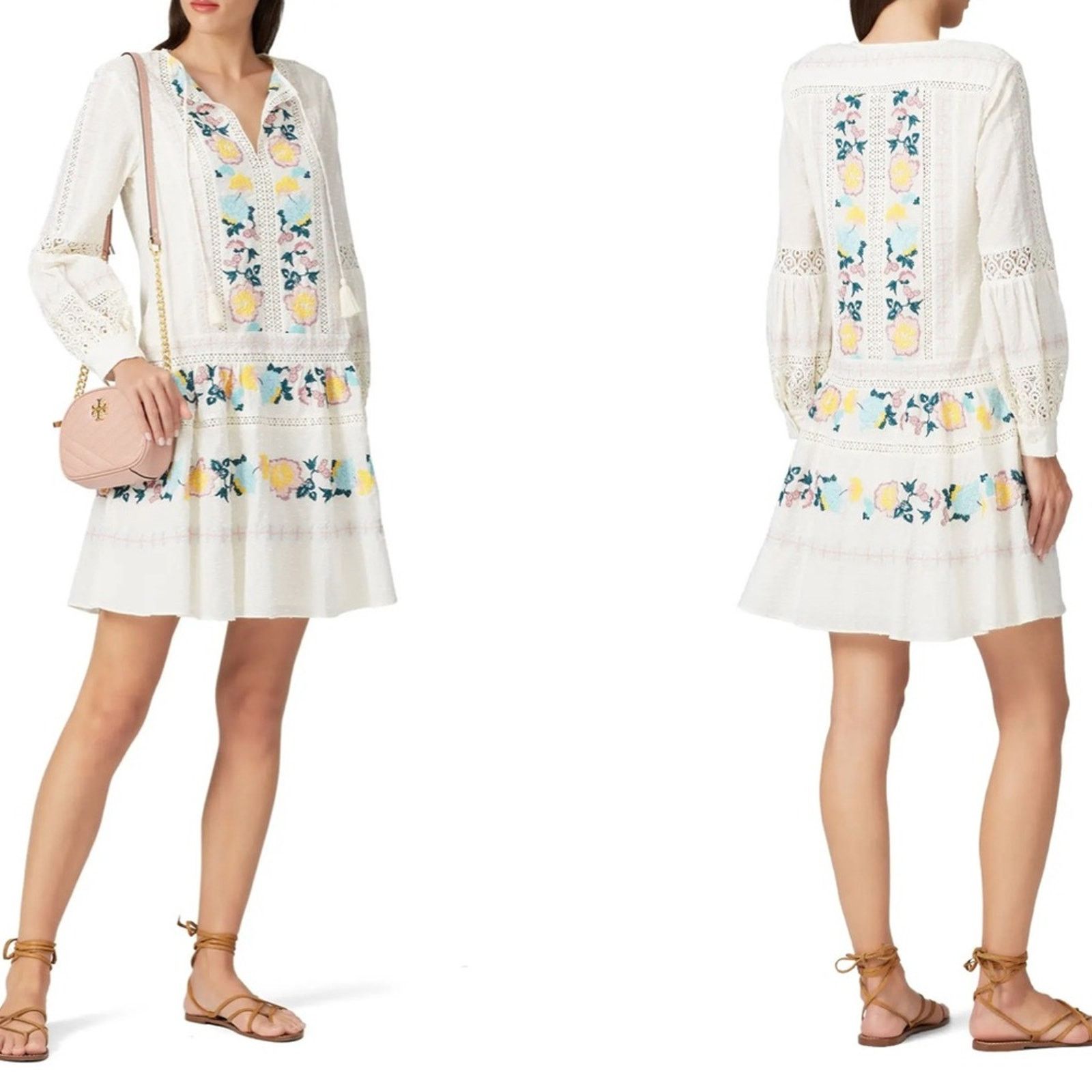 Tory Burch Tory Burch White Multicolor Floral Boho Long Sleeve Dress Size S / US 4 / IT 40 - 1 Thumbnail