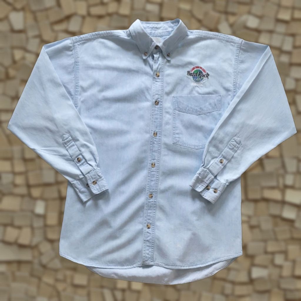 Hard Rock Cafe VINTAGE Hard Rock Cafe Denim Shirt Casual Button-Down XL Men Blue 90s New York Save the Planet Embroidered Button-Up Short/Long Sleeve? Size US XL / EU 56 / 4 - 1 Thumbnail