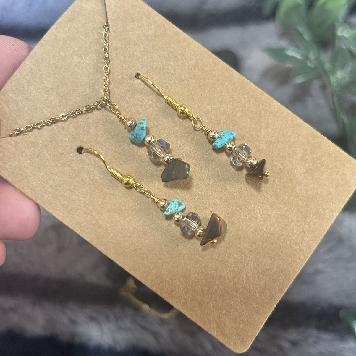 Handmade Handcrafted tigers eye turquoise crystal necklace set Size ONE SIZE - 1 Thumbnail