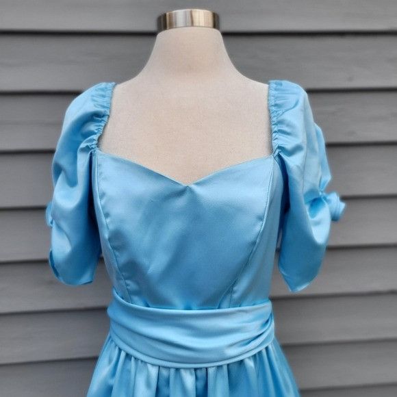 Vintage Vintage 80s Retro Pin Up Girl Blue Satin Puffed Sleeves Maxi Size S / US 4 / IT 40 - 2 Thumbnail