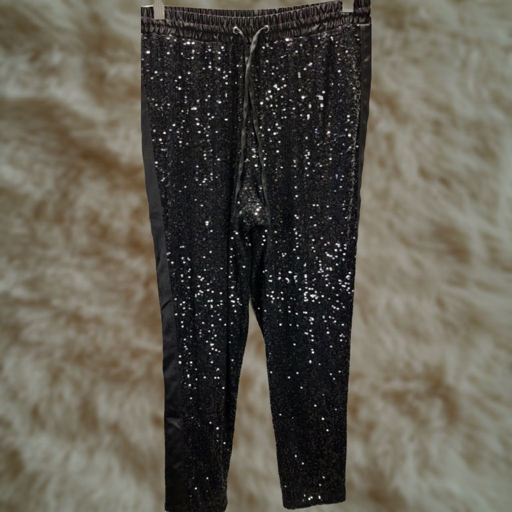 Rachel Zoe Rachel Zoe Black Jogger Pants Size S Sequin Side Stripe Drawstring Womens Pants Size 28" / US 6 / IT 42 - 1 Thumbnail