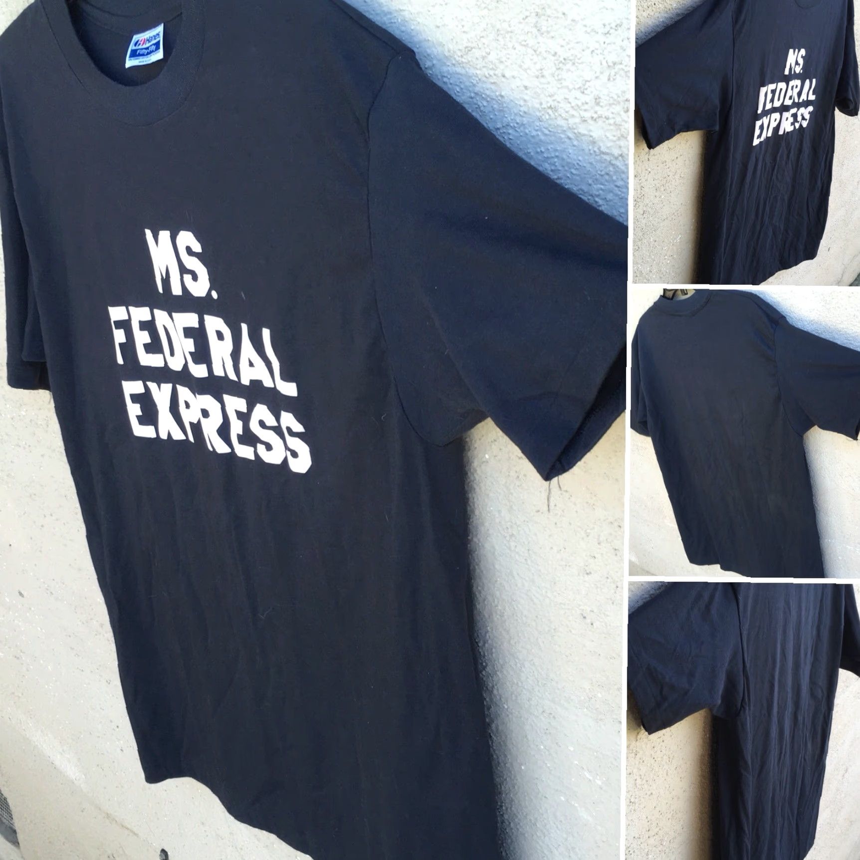 Hanes VINTAGE Hanes T-Shirt USA XL/XXL 50/50 Fed Ex MS. FEDERAL EXPRESS Short Sleeve Men's 1980s Black/Navy Logo Shirt Size US XL / EU 56 / 4 - 4 Thumbnail