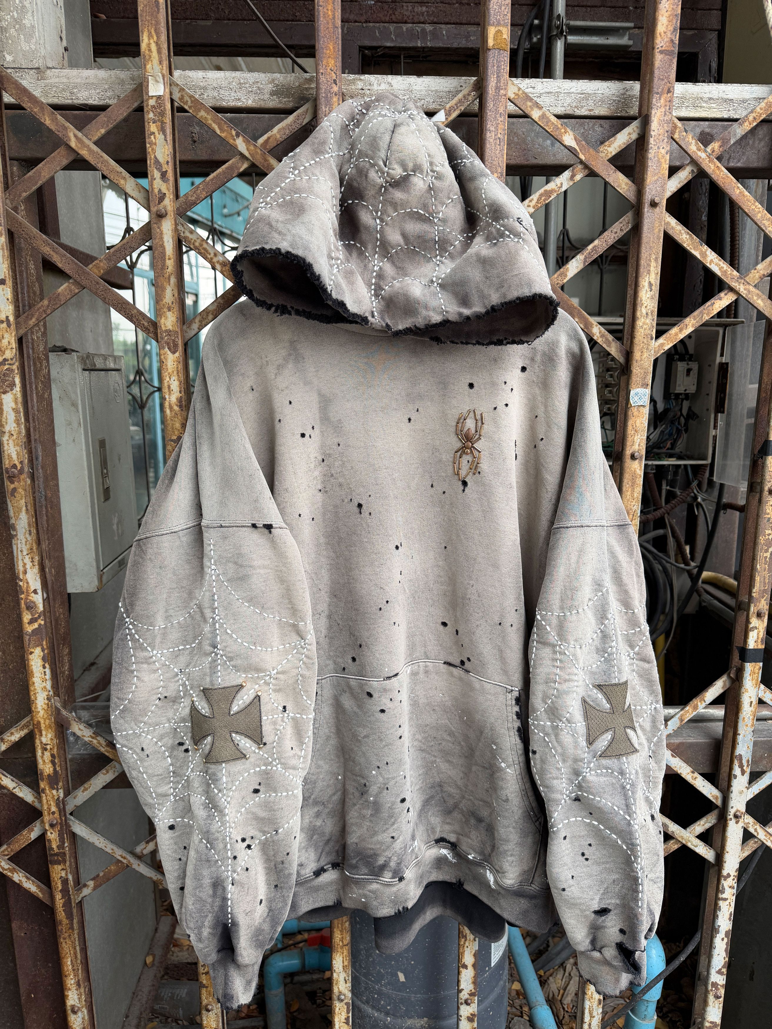 Japanese Brand XXL* Thrashed & Faded Sashiko Spider Web Hoodie Size US XXL / EU 58 / 5 - 1 Thumbnail