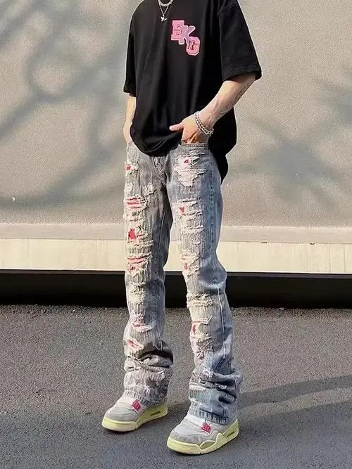 Jean Vintage embroidered ripped patch micro-flare jeans Size US 31 - 5 Thumbnail