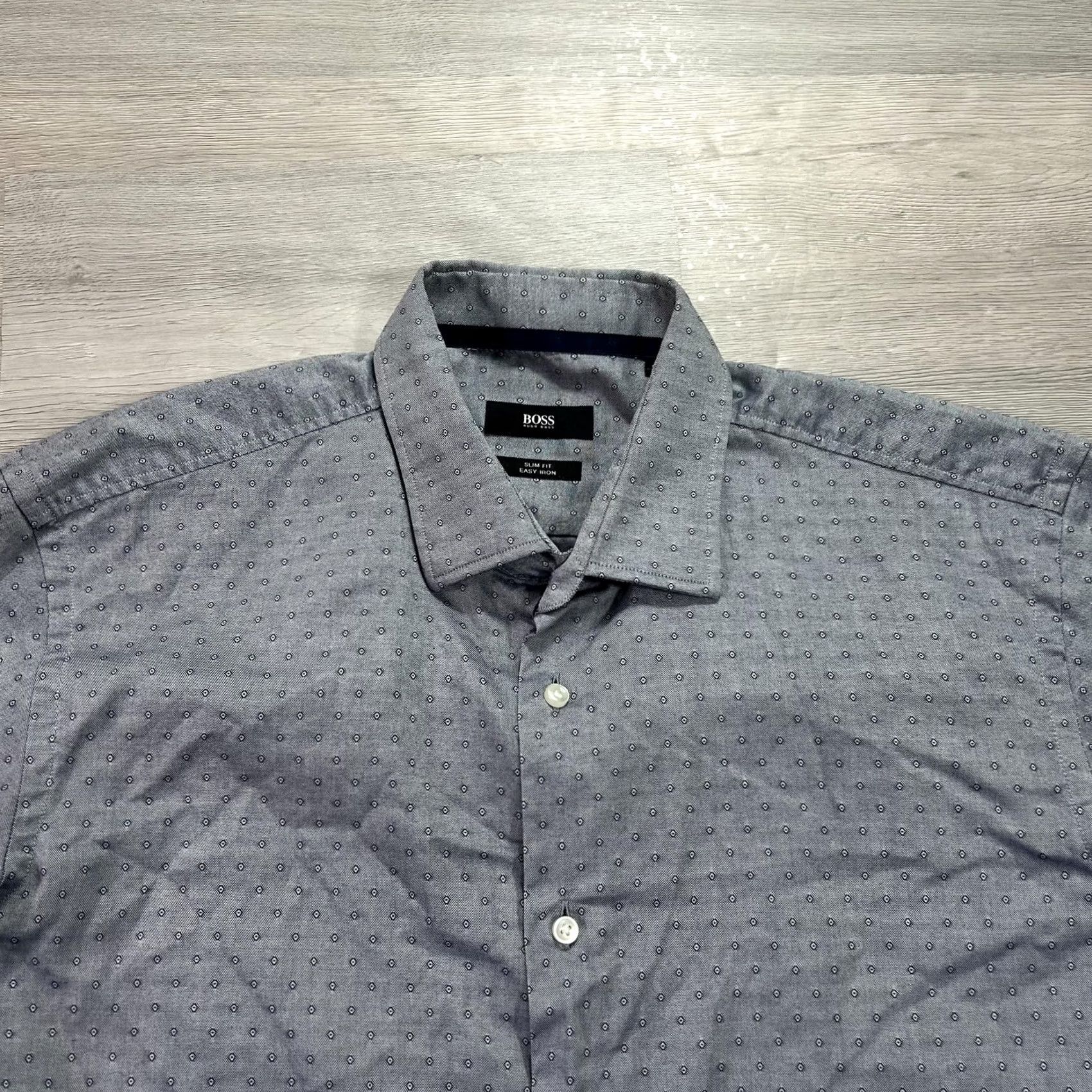 Hugo Boss HUGO BOSS Dress Shirt Mens 16 Slim Geometric Blue Easy Iron 34/35 Cotton Shirt Mens 16 neck sleeve Geometric Pattern Business Size 42R - 3 Thumbnail