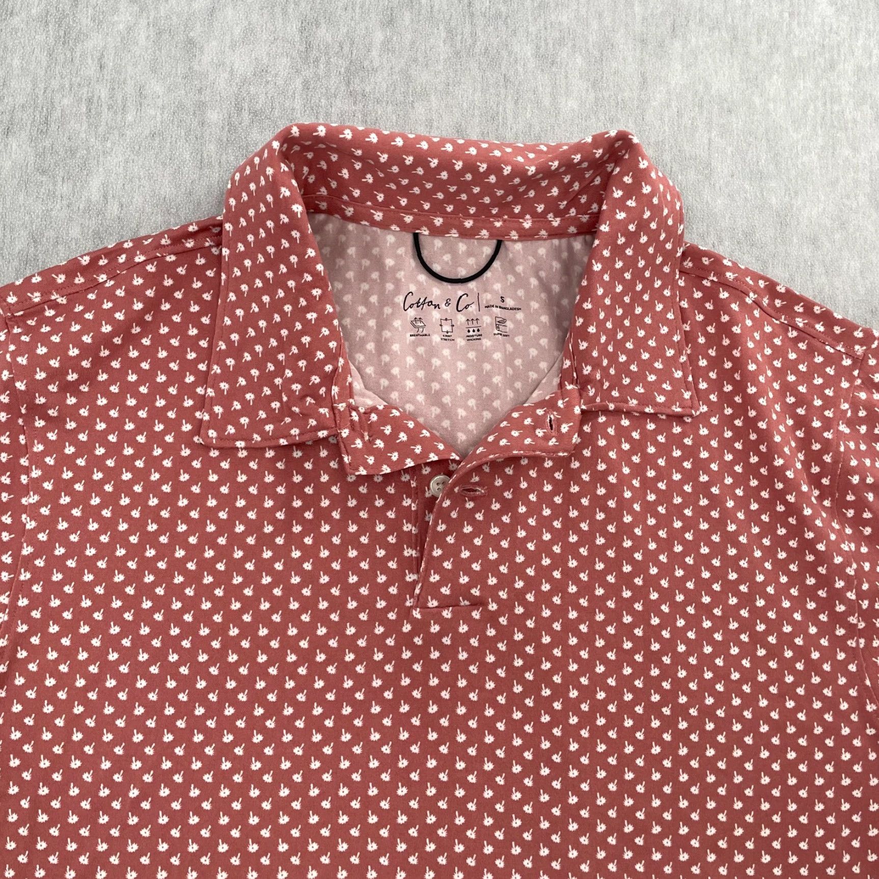 CO Cotton and Co Polo Shirt Adult Small Pink Palm Tree Breathable Wicking Stretch S Geometric Linen? No. Size US S / EU 44-46 / 1 - 3 Thumbnail