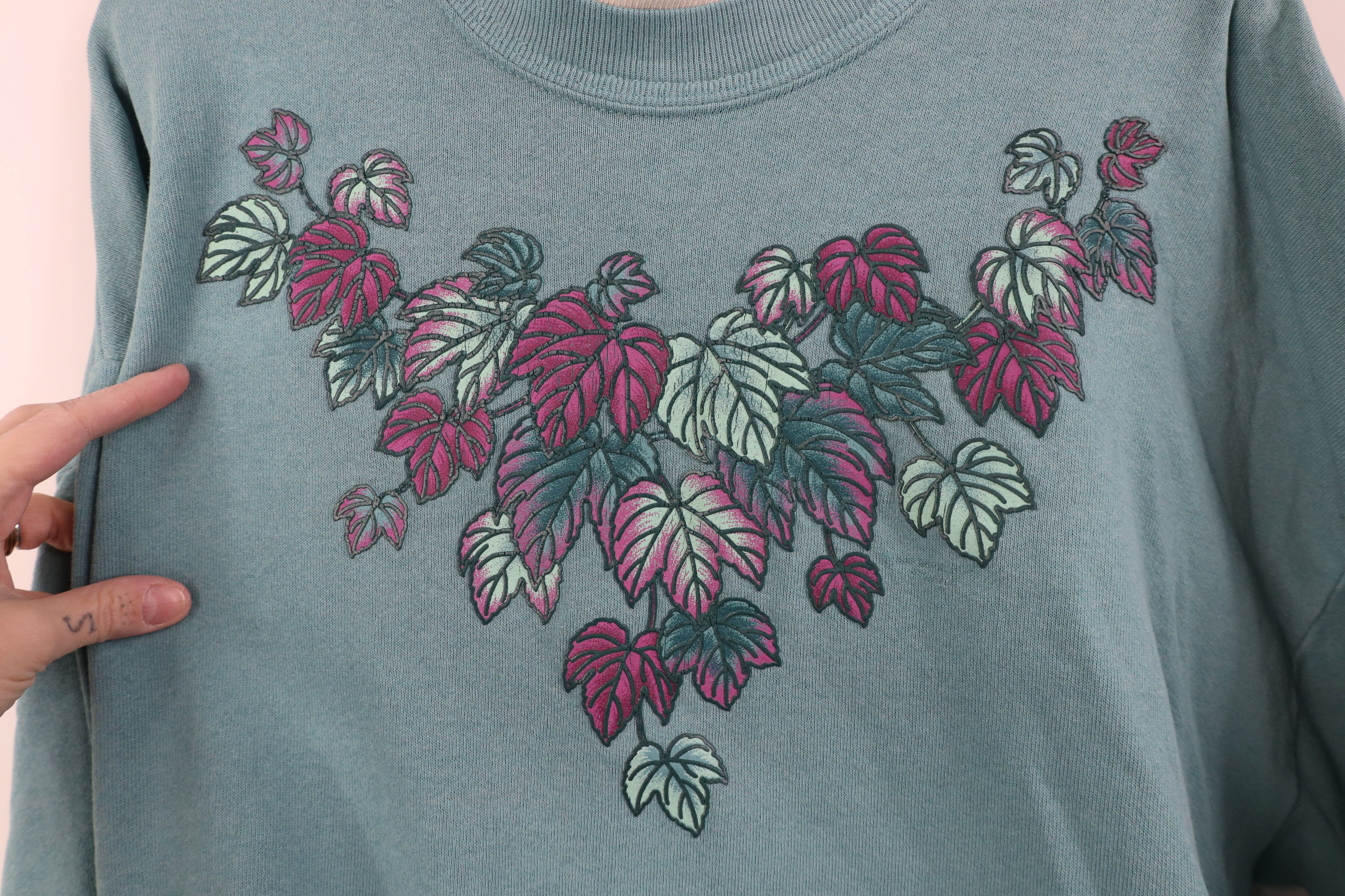 Vintage Vintage 90s Streetwear Thin Nature Leaf Sweatshirt Teal USA Size XL / US 12-14 / IT 48-50 - 4 Thumbnail