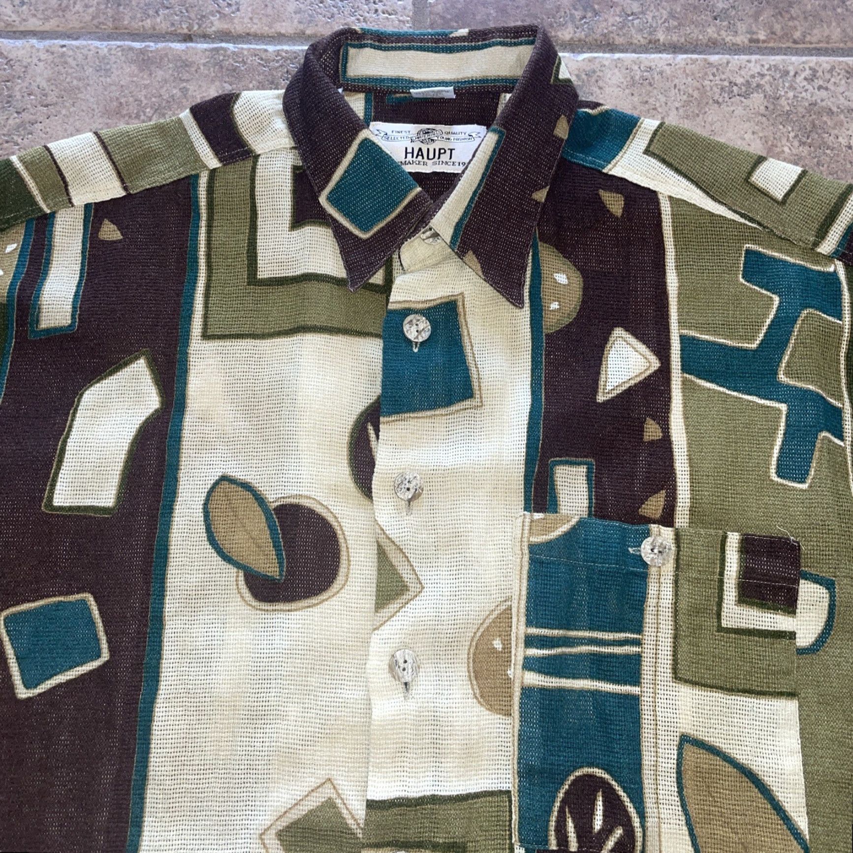 Vintage VINTAGE Haupt Shirtmaker Cotton Geometric Print Button Shirt Mens M 39-Germany Green Short Sleeve Shirt Mens Size US M / EU 48-50 / 2 - 2 Thumbnail