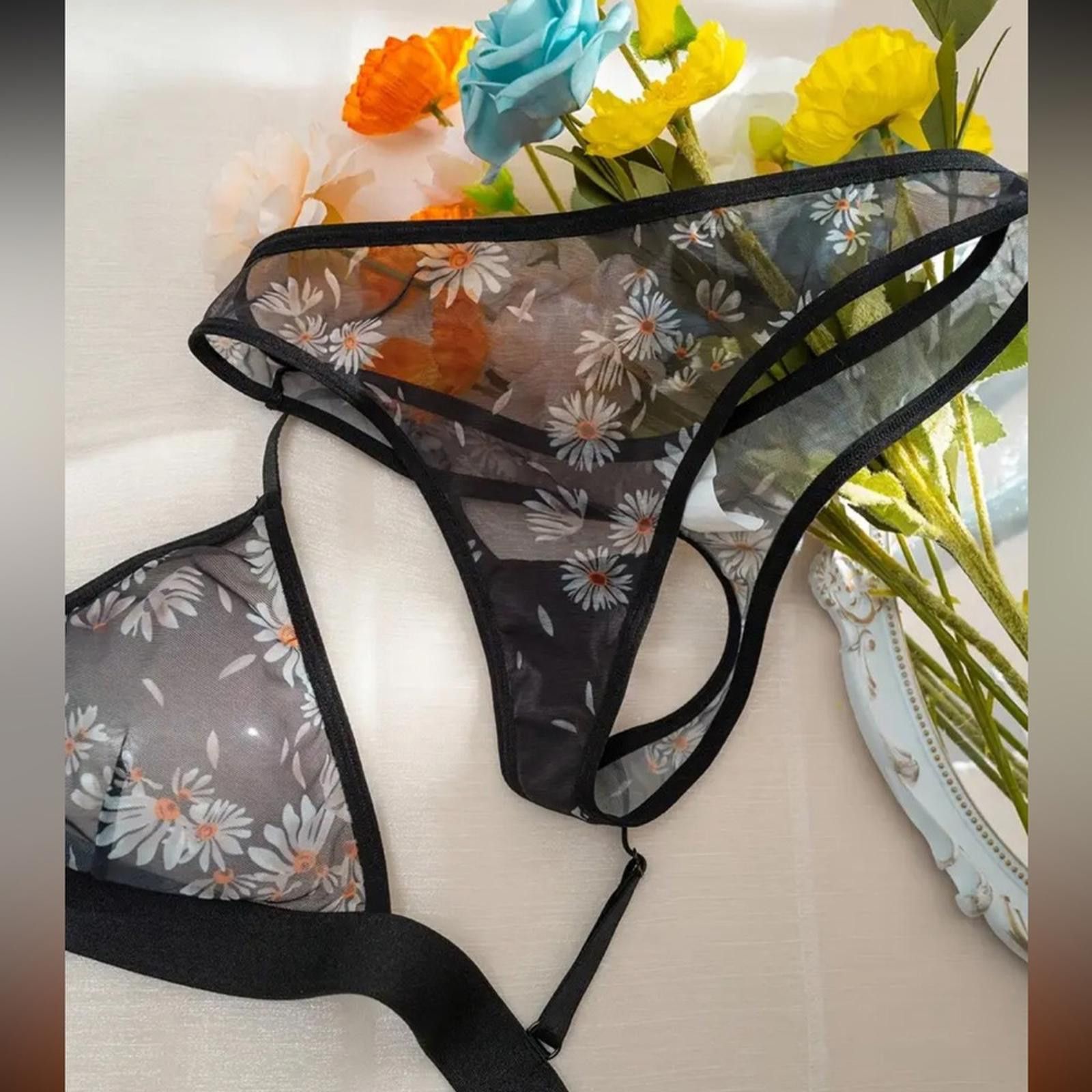 Designer Floral Sheer Black Daisy Lingerie Set Bralette and Thong Size ONE SIZE - 4 Thumbnail