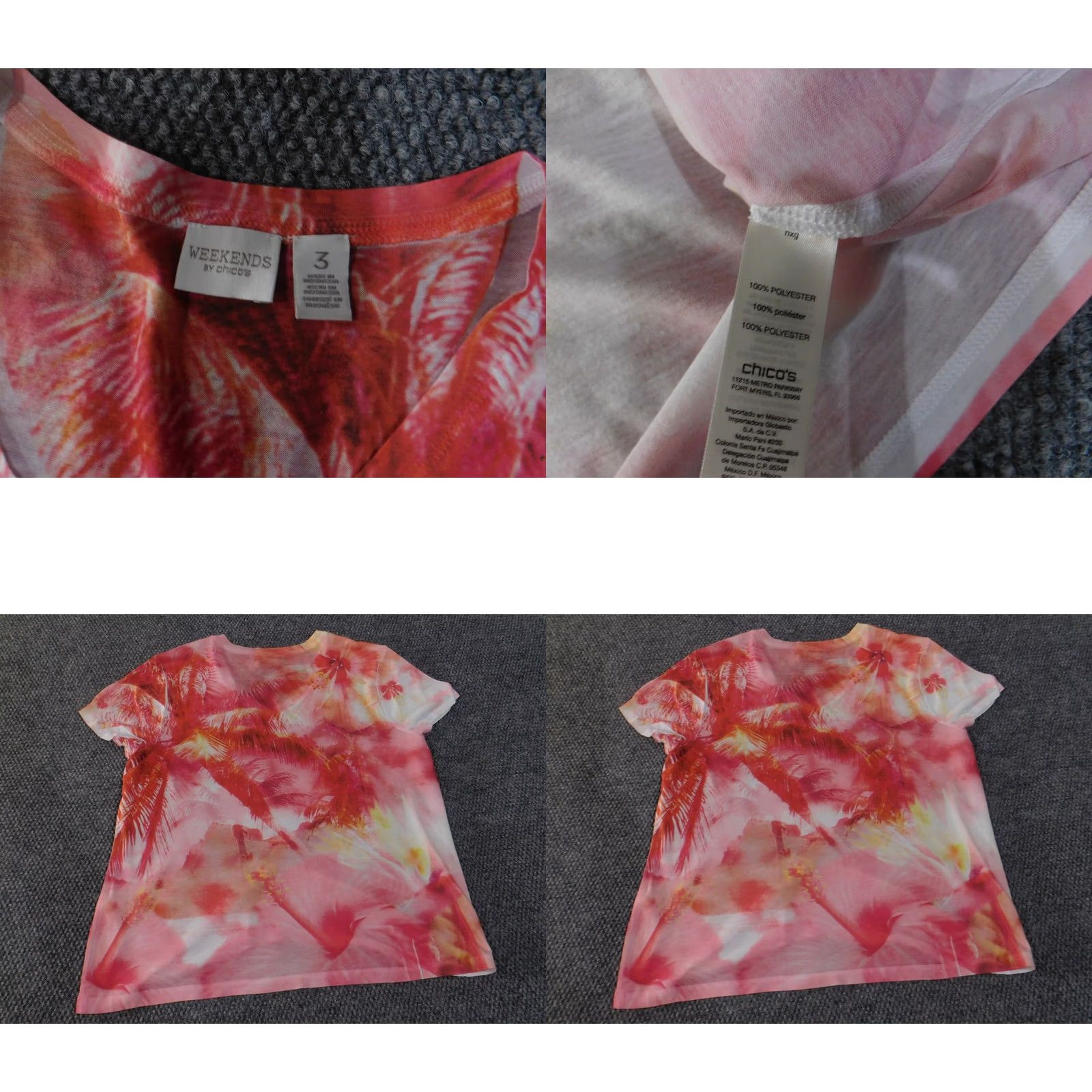 Vintage Chico's Blouse Shirt Womens 3 Pink Palm Tree V-Neck Casual Short Sleeve Polyester Knit Tropical Floral Weekend Size XS / US 0-2 / IT 36-38 - 8 Thumbnail
