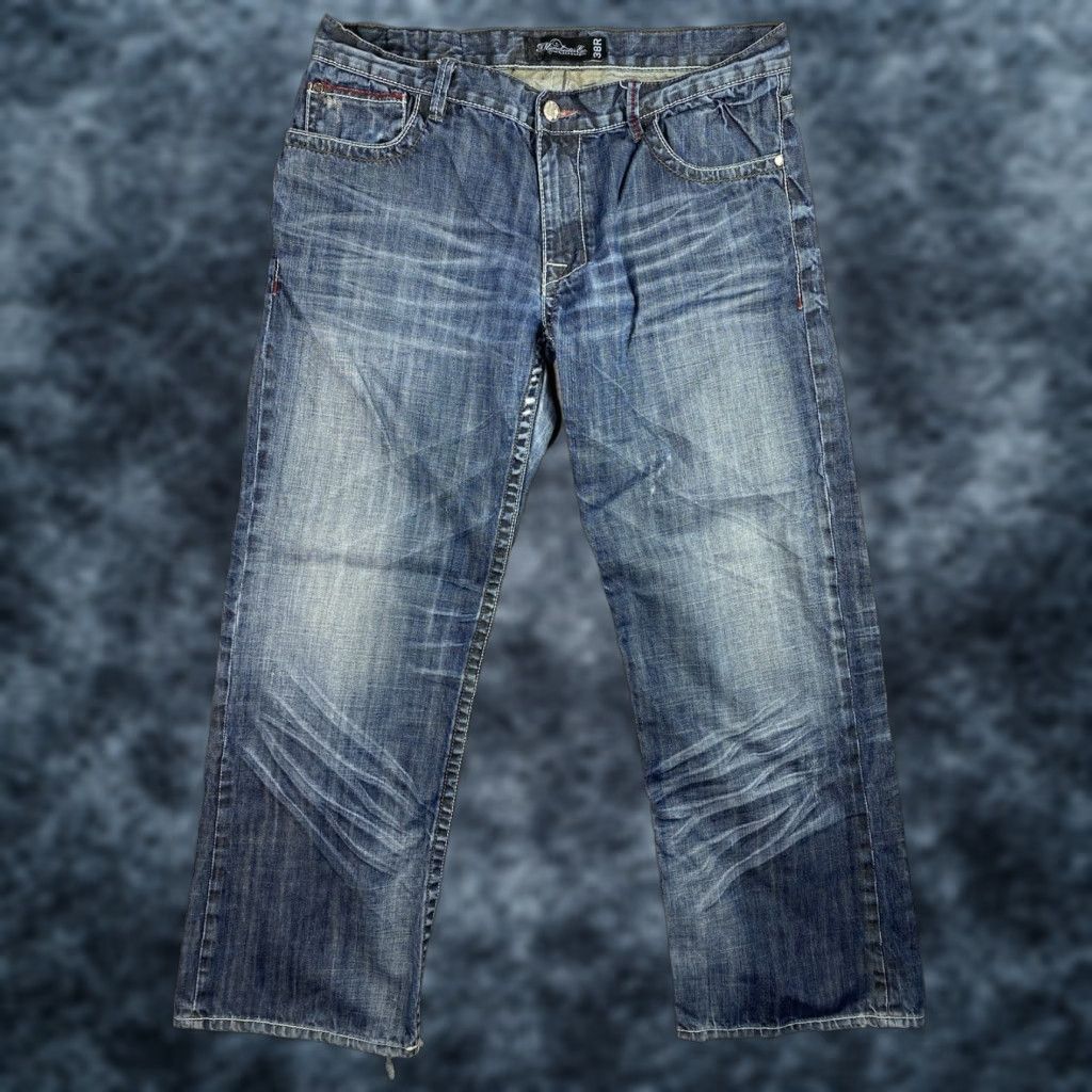 Denime Manchester Jeans Mens 38R Distressed Embroidered 5-Pocket Denim Dark Wash 100% Cotton Blue Jeans Mens Regular Size US 38 / EU 54 - 1 Thumbnail