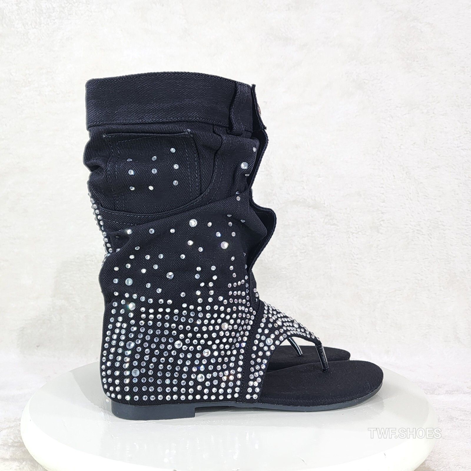 Other Perplex Black Denim & Rhinestones Sandal Slouch Boots Shooti Size US 7 / IT 37 - 4 Thumbnail