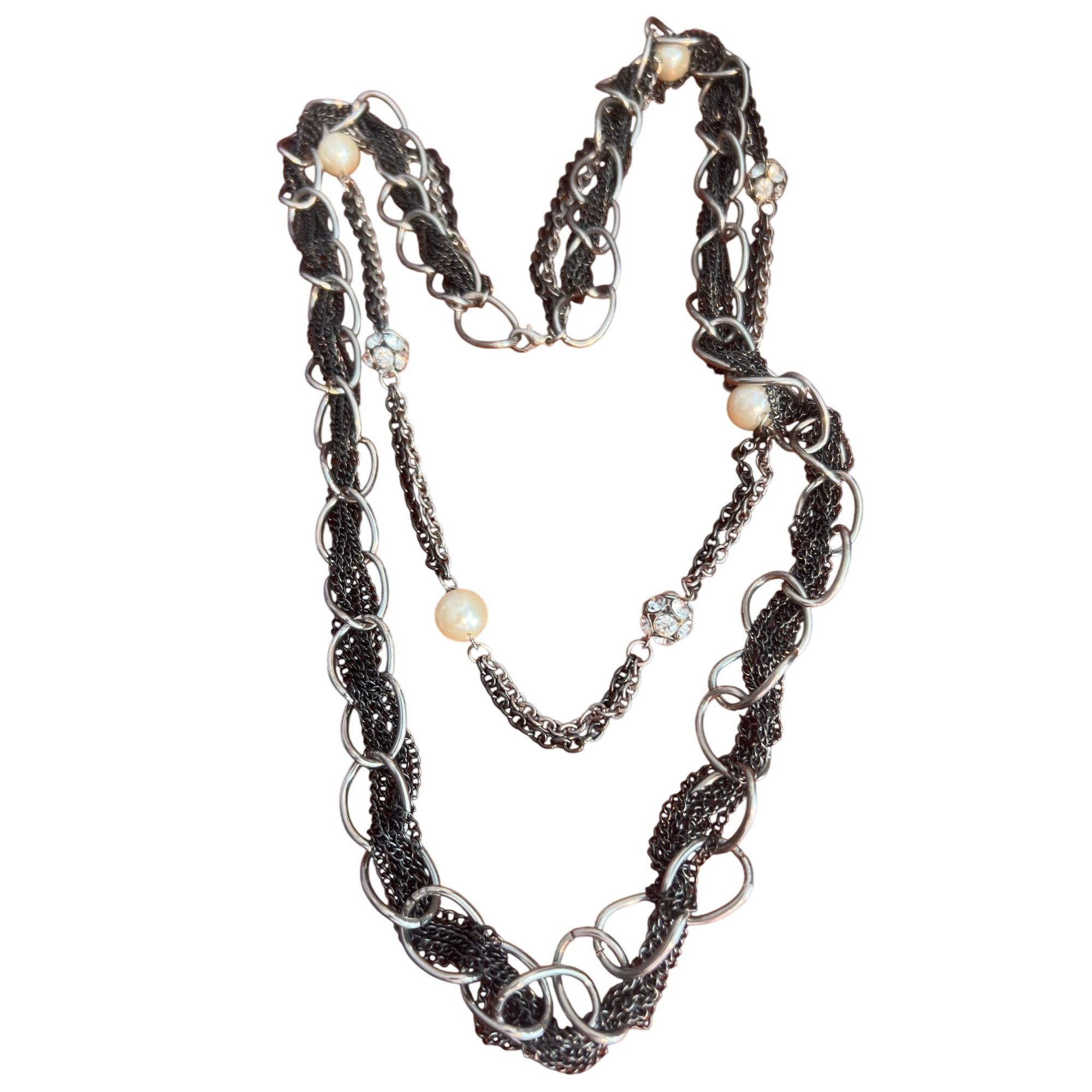 Other Layered Black Silver Tone Chain Necklace Faux Pearls Rhinest Size ONE SIZE - 1 Thumbnail