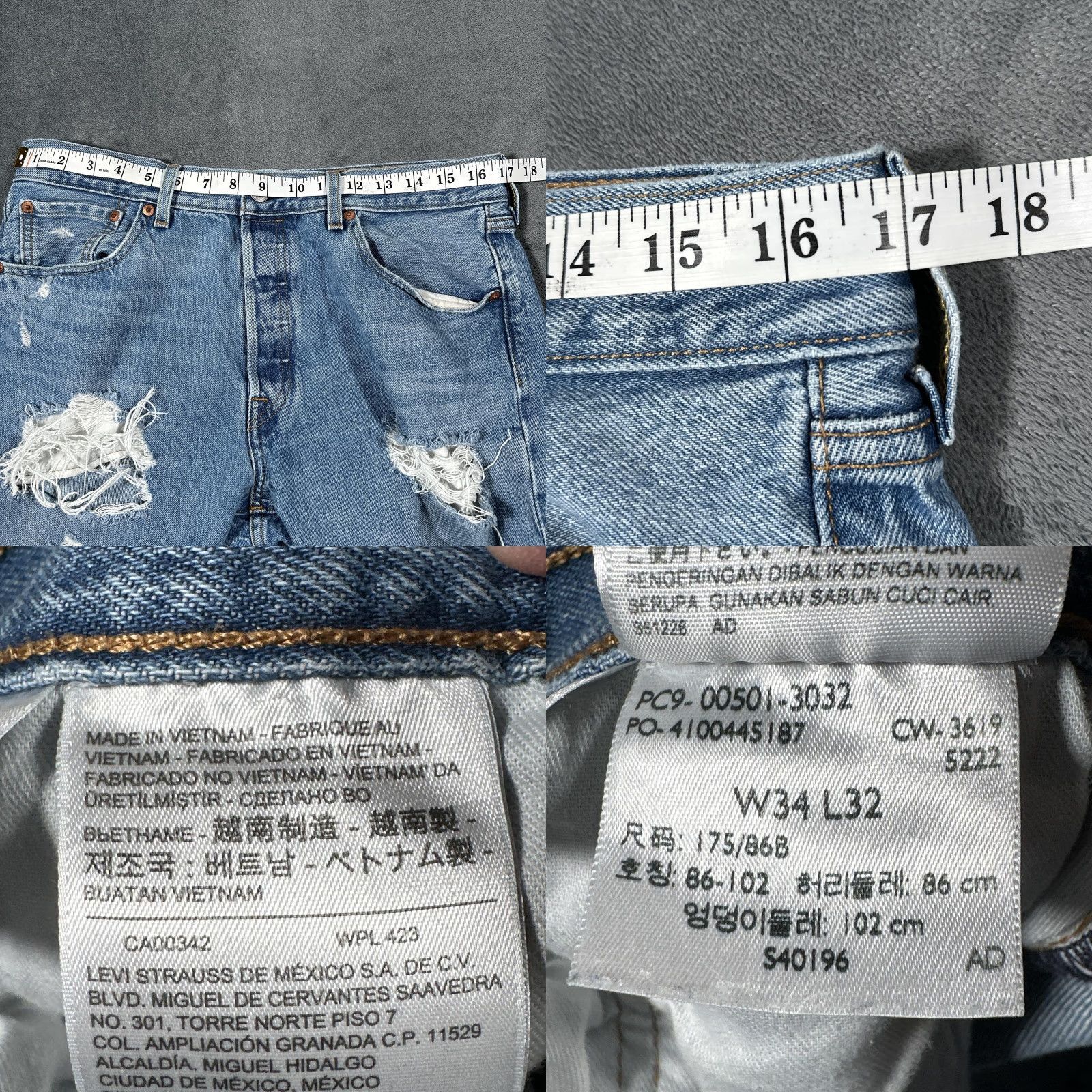 Levi's Levis 501 Jeans Mens 34x32 Blue Denim Distressed Ripped Button Fly Straight Leg Size US 34 / EU 50 - 8 Thumbnail