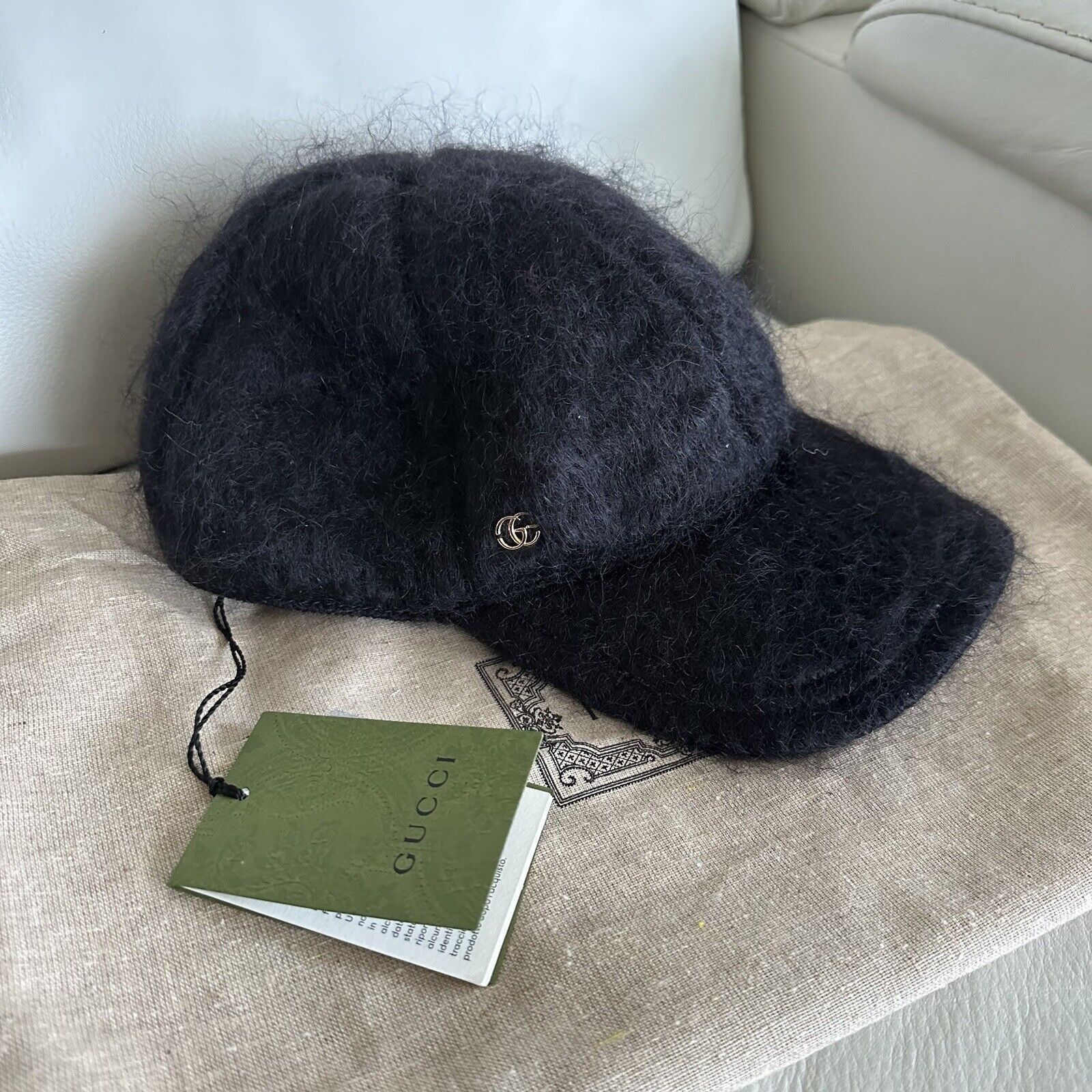 NWT GUCCI MOHAIR-BLEND BASEBALL CAP SZ M BLACK 100% Authenti