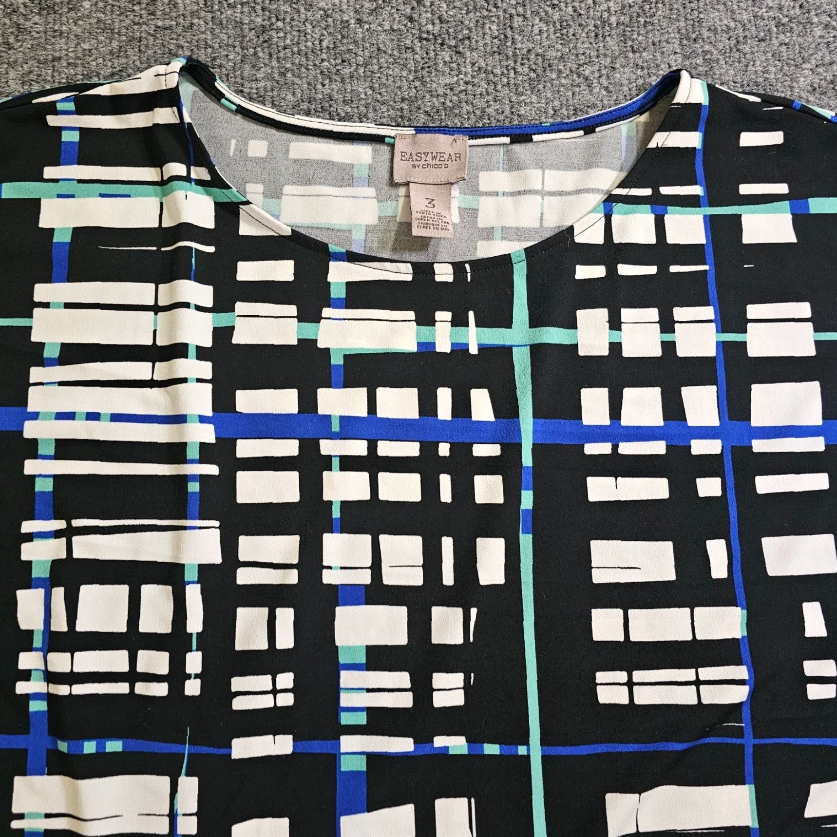 Vintage Chicos Top 3 Women XL Black Blue Plaid Abstract Stretch Slinky Casual Career Blouse Shirt Knit Polyester Round Neck 3/4 Sleeve Pullover Office Womens Size XL / US 12-14 / IT 48-50 - 2 Thumbnail