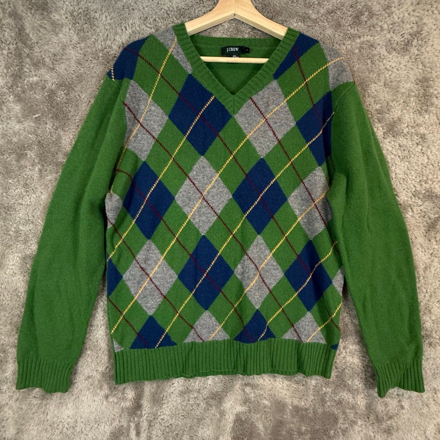J.Crew J. Crew Green Blue V Neck Argyle Sweater Lambswool Men's L Size US L / EU 52-54 / 3 - 1 Thumbnail