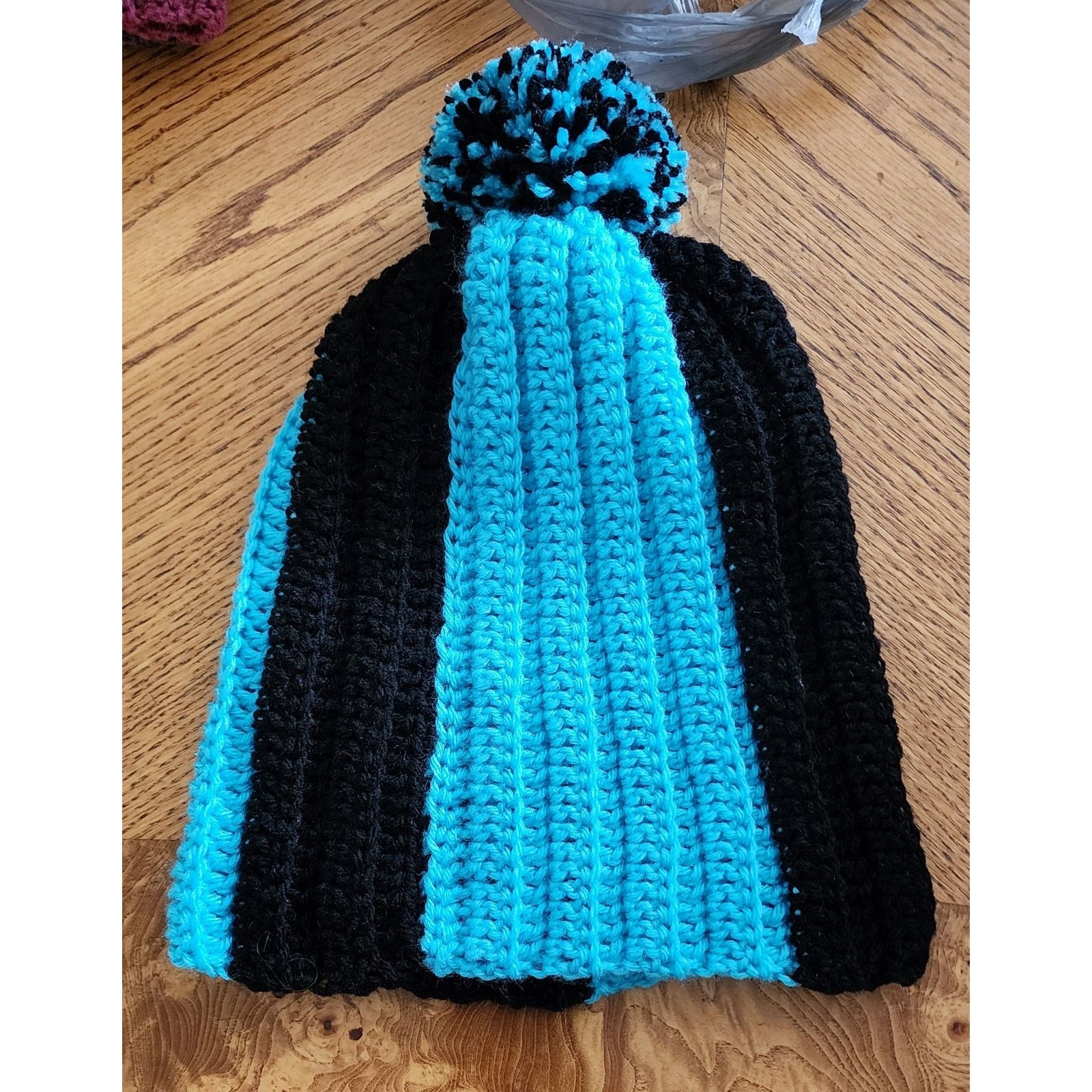 Handmade Handcrafted crocheted blue and black winter beanie. Size ONE SIZE - 5 Thumbnail