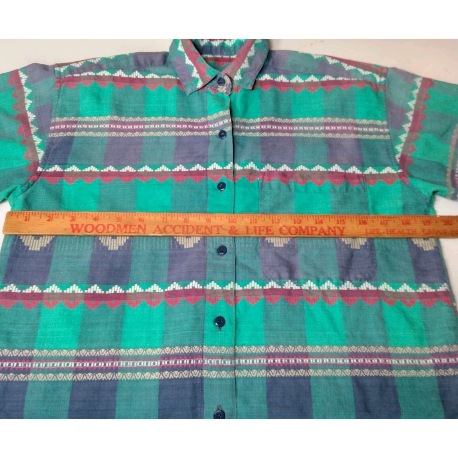 Vintage VINTAGE 1990s Southwest Blouse Shirt Women S Blue Geometric Short Sleeve Button Collar Cotton Hand Washable Size S / US 4 / IT 40 - 3 Thumbnail