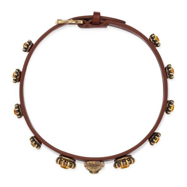 Gucci Gucci Feline Head Brown Leather Crystals Choker Necklace Size ONE SIZE - 2 Thumbnail