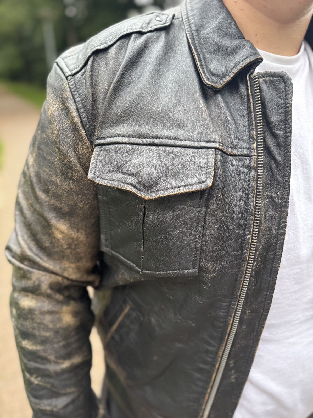 Armani Exchange Armani Jeans Black Leather Jacket – Distressed Look Size US L / EU 52-54 / 3 - 8 Thumbnail