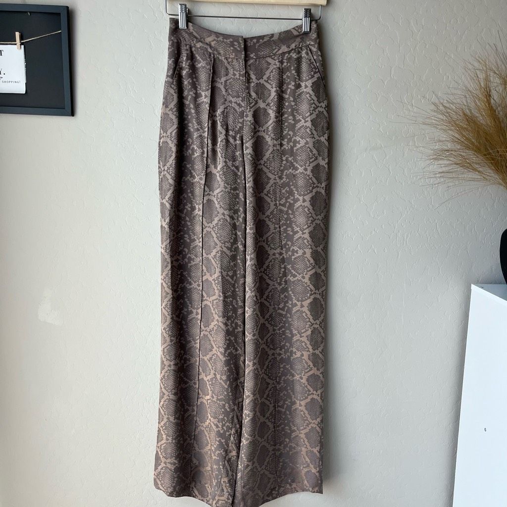 NEW SIMKHAI Trouser Pants Snakeskin Wide Leg Brown Python Pr