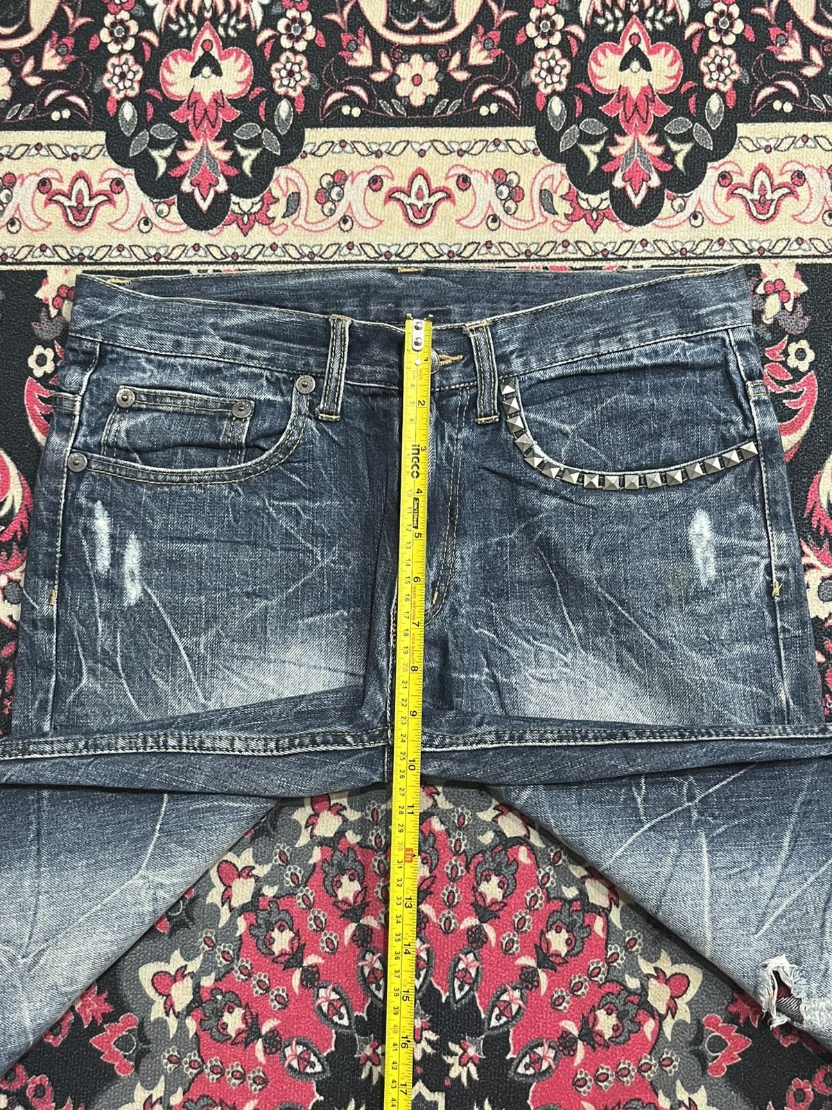 Hysteric Glamour Japanese Brand Tartan Patches Pocket Studded Crack Blue Jean Size US 31 - 11 Thumbnail