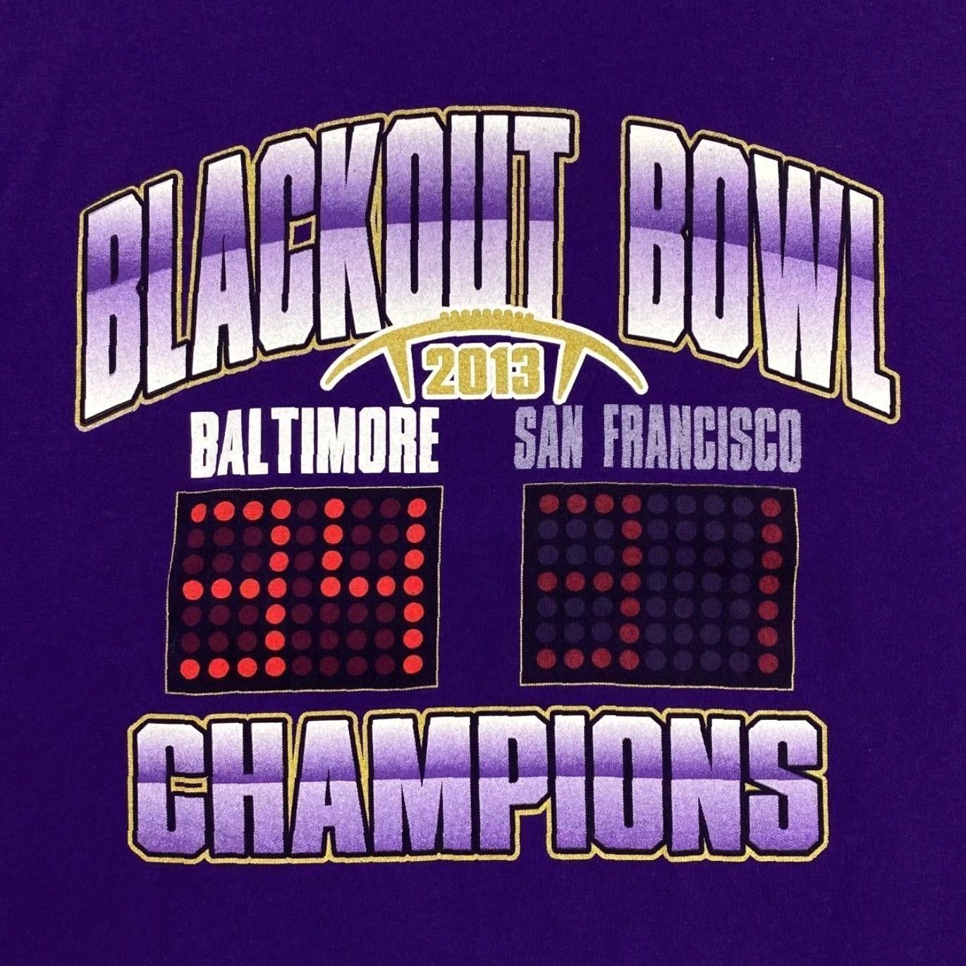 Gildan Gildan BLACKOUT BOWL CHAMPIONS (2013) “Baltimore vs. San Francisco” Graphic T-Shirt XL Purple Men's T-Shirt Size US XL / EU 56 / 4 - 2 Thumbnail