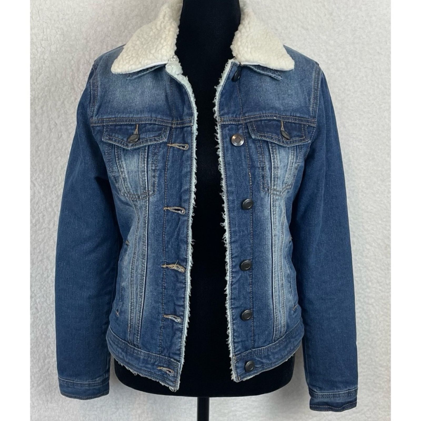 Boohoo BOOHOO • Blue/White Denim Sherpa-Lined Collared Jacket Size XS / US 0-2 / IT 36-38 - 3 Thumbnail