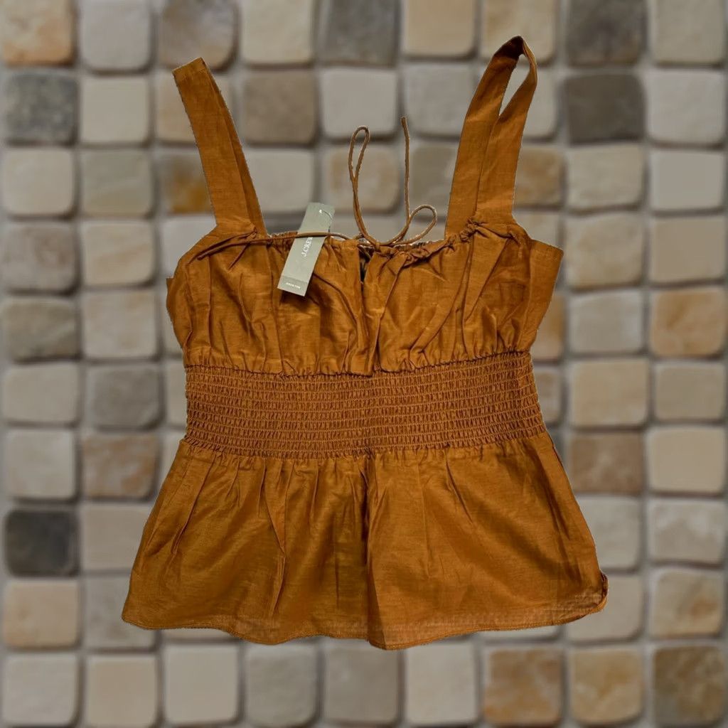 J.Crew J Crew Smocked Waist Tank Top Womens XS Brown Cotton Tie Front Peplum Hem New Size XS / US 0-2 / IT 36-38 - 1 Thumbnail