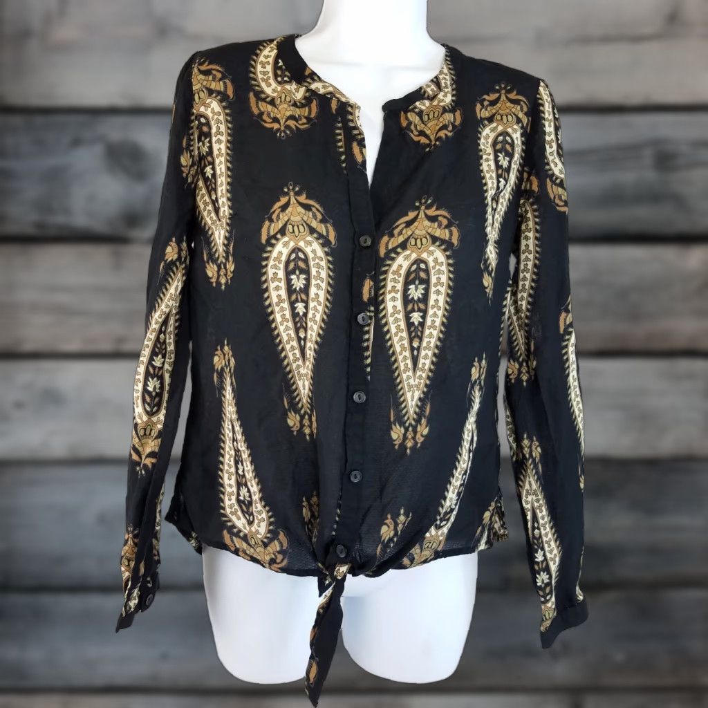 Lucky Brand VINTAGE Lucky Brand Blouse Womens Black Small Button Front Long Sleeve Rayon Size S / US 4 / IT 40 - 1 Thumbnail
