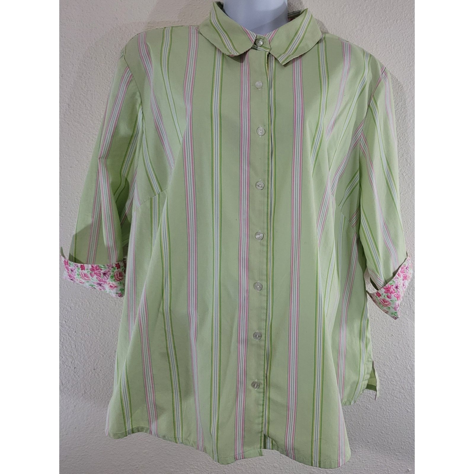 Other Allison Daley Green Pink Strip Button Up Top XXL 3/4 Sleeves Size XXL / US 16-18 / IT 52-54 - 1 Thumbnail