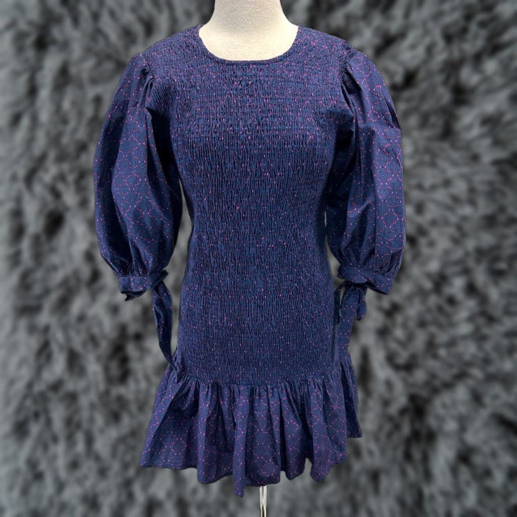 Vintage Oliphant Morocco Mini Dress Women’s M Blue Puff Sleeve Stretch Smocked Tie Sleeves Vintage? No — Pre-owned Excellent — Zip Closure Size M / US 6-8 / IT 42-44 - 1 Thumbnail