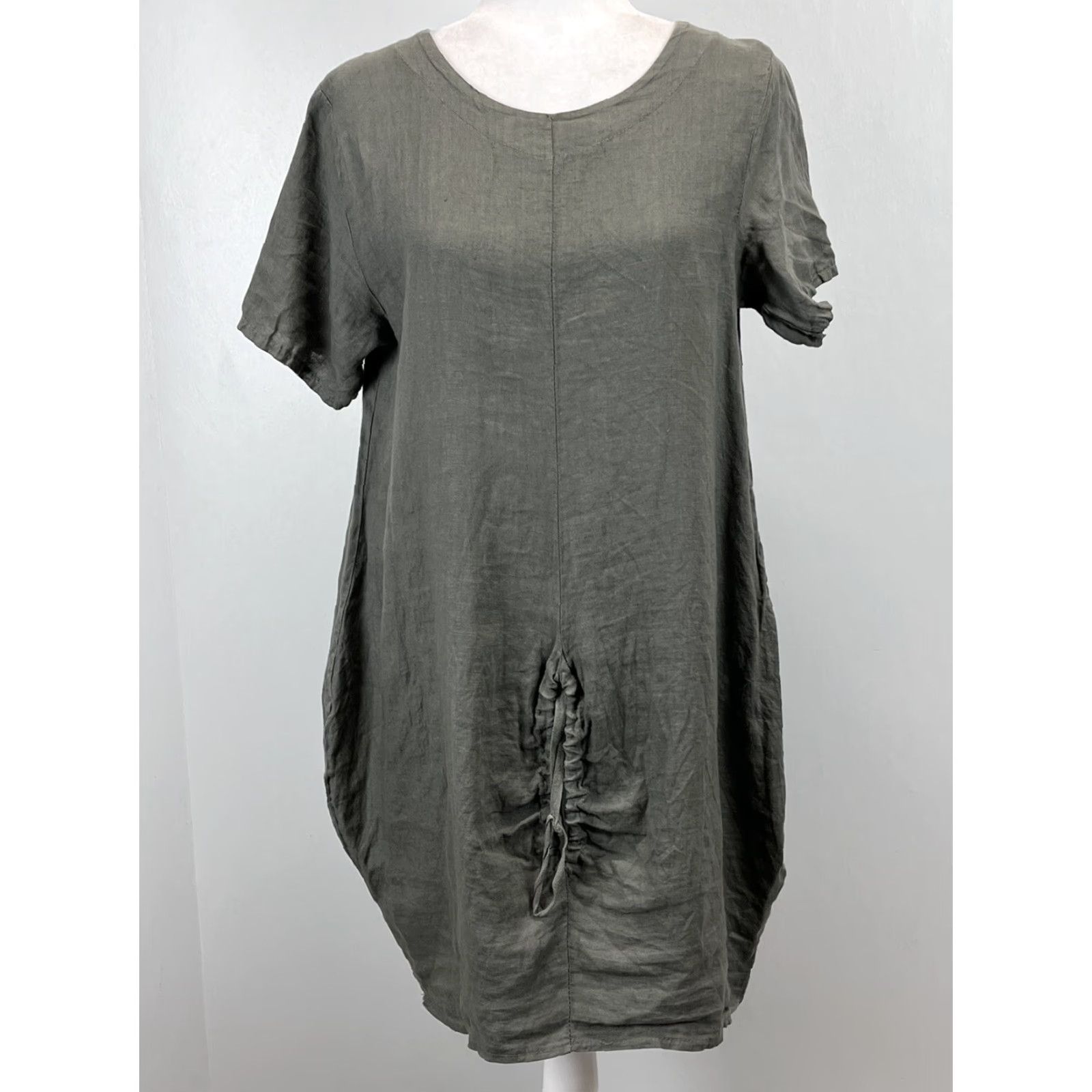 Vintage VINTAGE Unbranded Linen Tunic Shirt Dress M Green/Brown Ruched Lagenlook Knee-Length Women Size M / US 6-8 / IT 42-44 - 2 Thumbnail