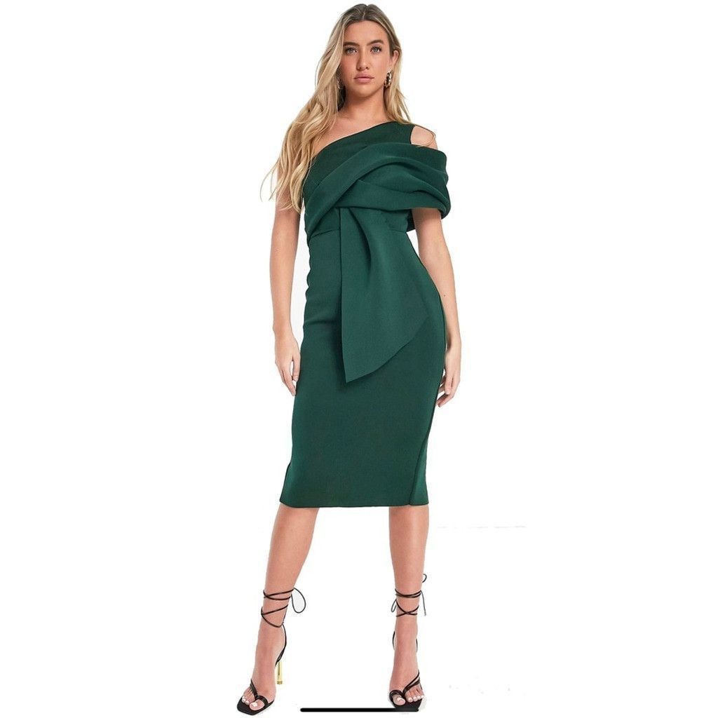 forest green pencil dress ASOS DESIGN Tall Plunge Neck Dropped Shoulder Pencil Midi Dress In Forest  Green main image 0