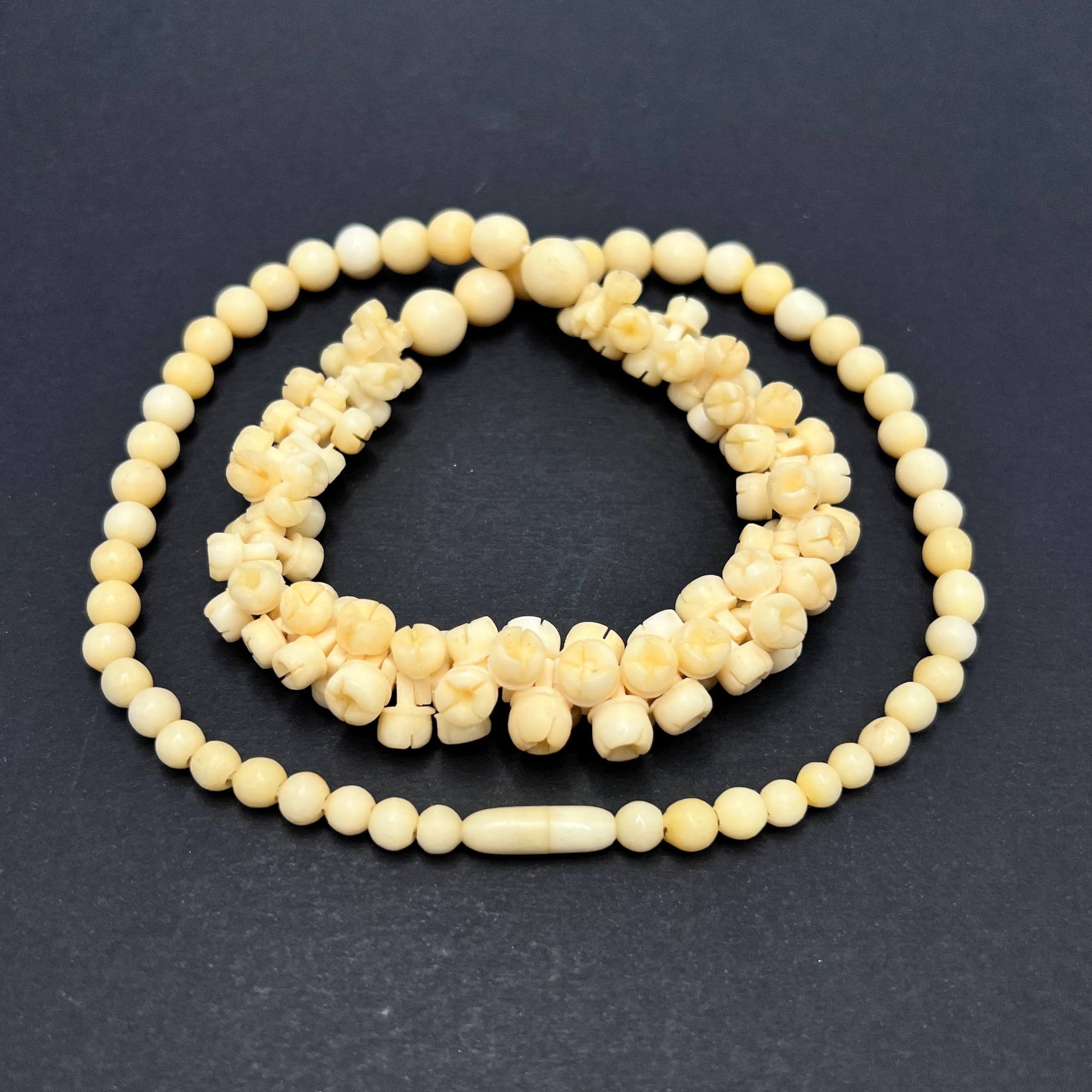 Vintage Hand-Carved Floral Bead Necklace Natural Organic