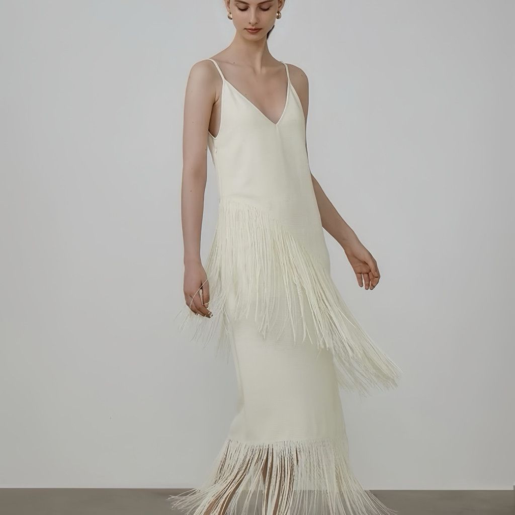 Zara Elegant Fringe Maxi Dress  Cream White  Size M | Grailed